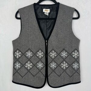 Talbots Womens Vest Size S Gray Herringbone Snowflake Zip Front Winter Holiday